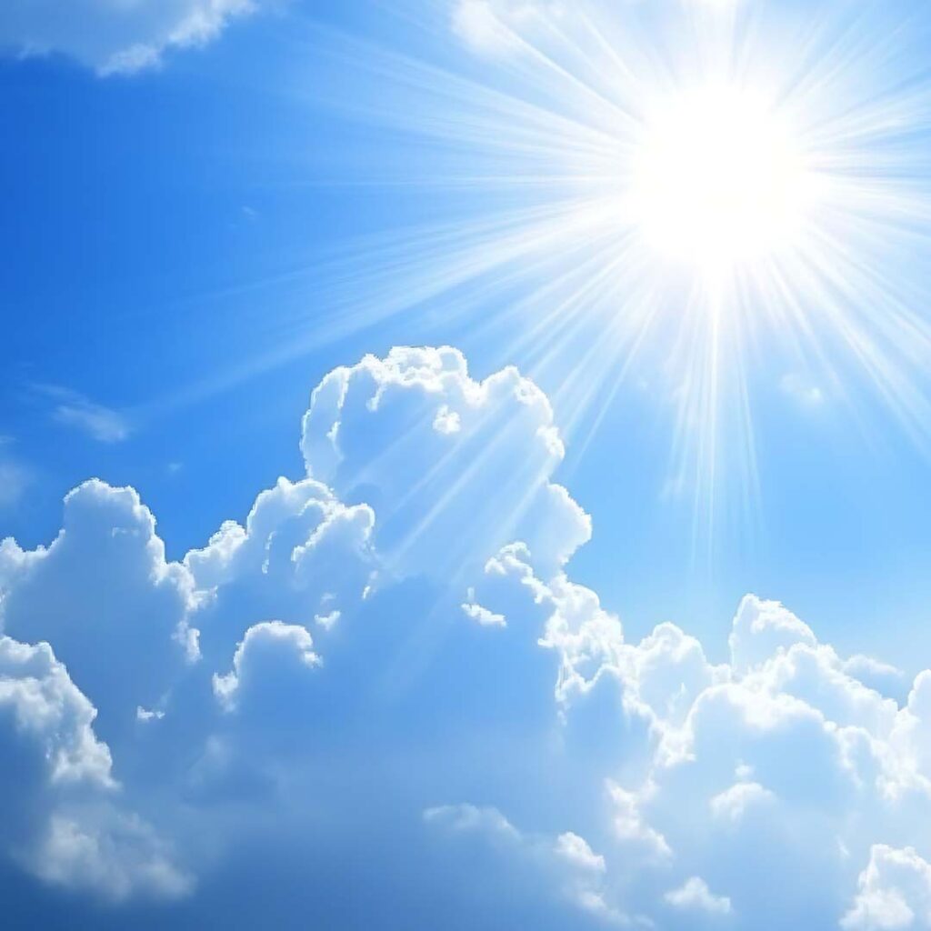 A clear blue sky with fluffy clouds and a piercing sun. Contact Shawna on BlueSky.