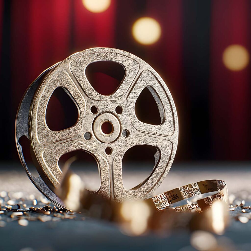 A cannister of film sits with red curtains in the backdrop