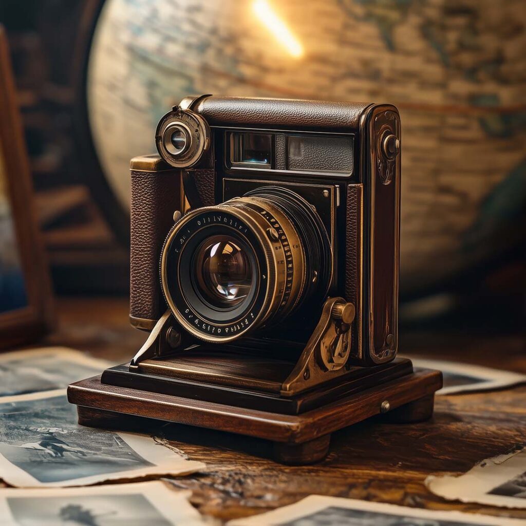 An old camera sits on top of faded photographs