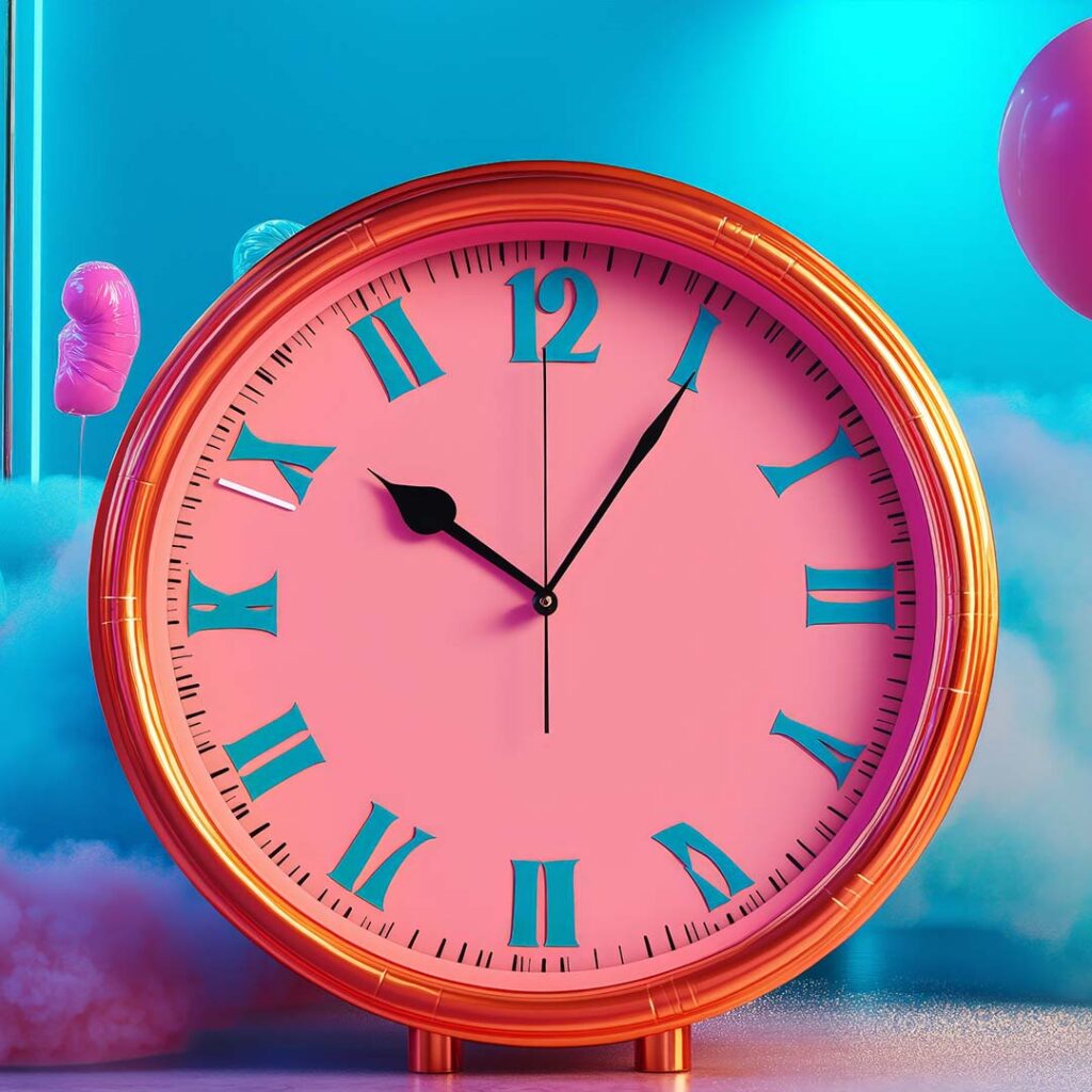 A brightly colored clock ticks with balloons and confetti nearby