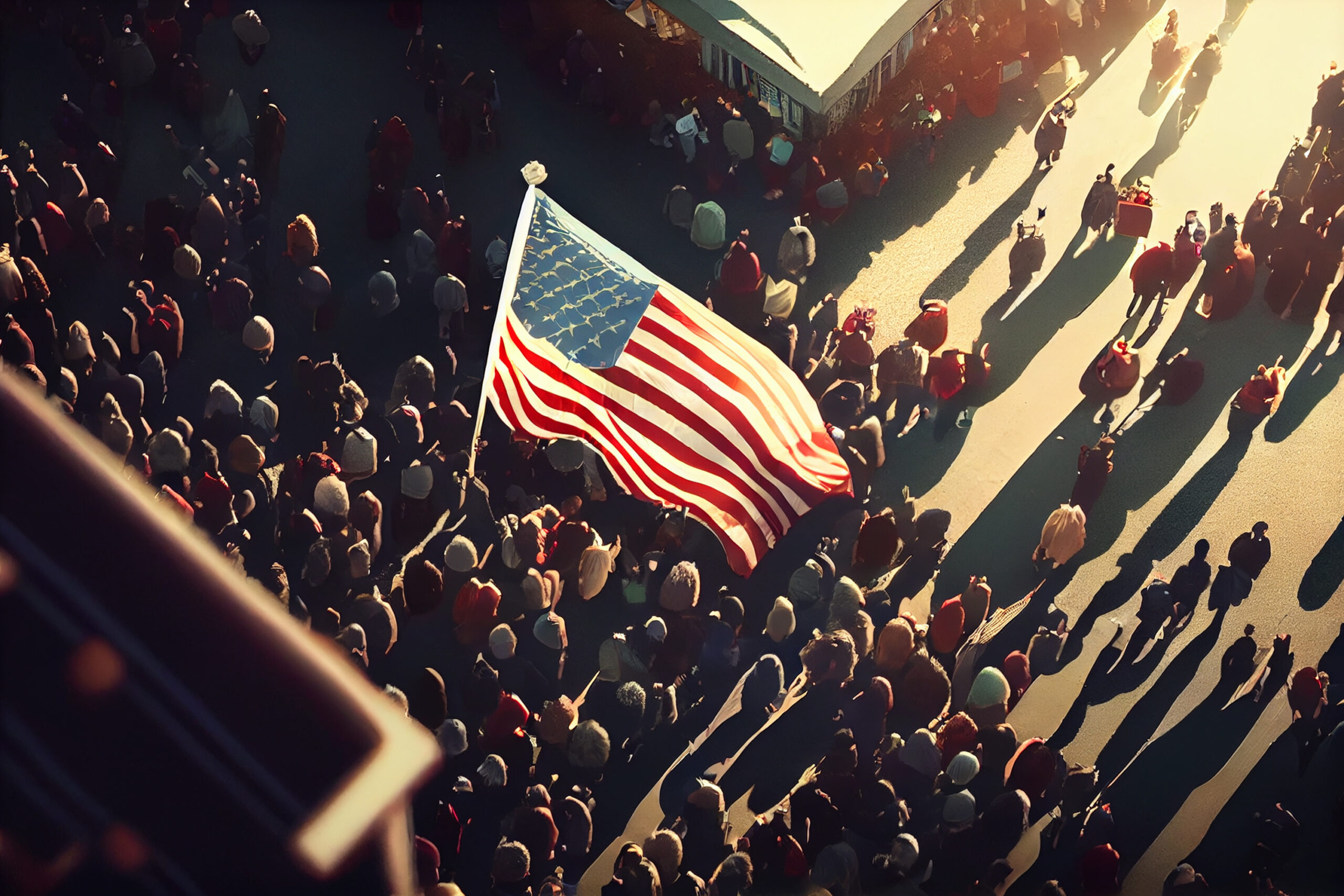 Background blur of crowd at political rally in the United States holding signs and carrying US flags. Great image for upcoming election cycle in 2024 presidential campaigns. American flag being carried through the streets.